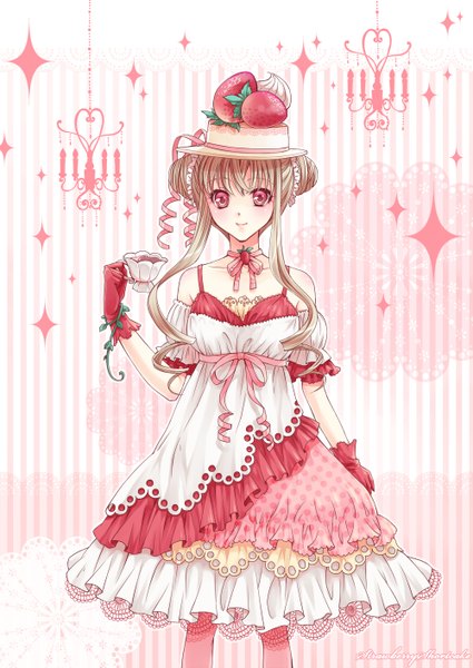 Anime picture 1000x1411 with original shiroya (artist) single long hair tall image looking at viewer blonde hair pink eyes girl dress gloves hat food cup berry (berries) strawberry