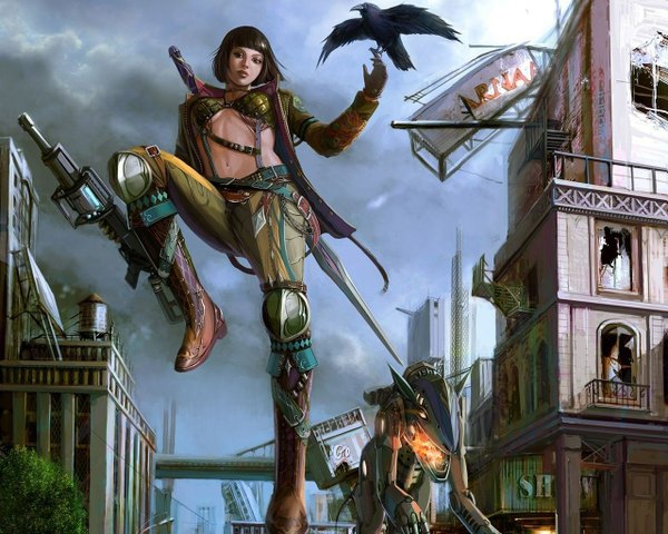 Anime picture 1280x1024 with original abart single looking at viewer short hair brown hair brown eyes sky cloud (clouds) spread legs flying girl gloves weapon animal sword armor bird (birds) building (buildings) thigh boots