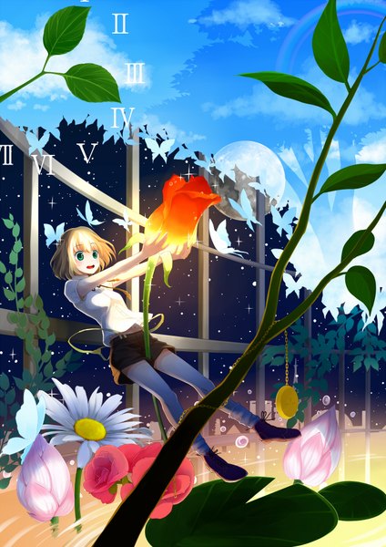 Anime picture 1364x1928 with ahira yuzu single tall image short hair open mouth blonde hair green eyes girl flower (flowers) plant (plants) water shorts insect butterfly clock pocket watch