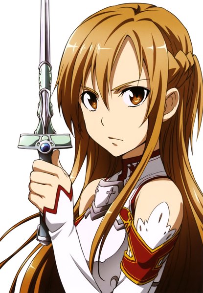 Anime picture 1563x2258 with sword art online a-1 pictures yuuki asuna kawakami tetsuya single long hair tall image looking at viewer simple background brown hair white background brown eyes scan official art girl weapon detached sleeves sword