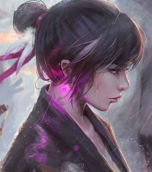 Anime picture 900x1015 with original guweiz single tall image fringe short hair black hair signed looking away upper body profile wind lips black eyes blurry realistic wet hair bun (hair buns) tattoo lipstick