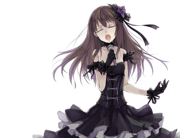 Anime picture 1485x1140 with idolmaster idolmaster cinderella girls shibuya rin rage (rojiura) long hair open mouth black hair simple background white background bare shoulders holding eyes closed black gothic dress (idolmaster) girl dress gloves hair ornament microphone