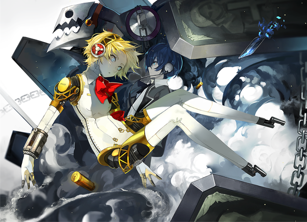 Anime picture 1500x1084 with persona 3 persona aegis arisato minato thanatos (persona) saberiii fringe short hair blue eyes blonde hair blue hair looking away parted lips profile multiple boys smoke falling girl boy bow