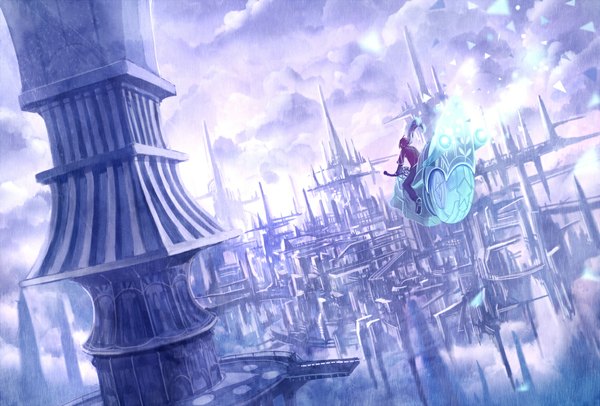 Anime picture 1137x770 with original bounin single long hair sitting cloud (clouds) back glowing flying fantasy building (buildings)