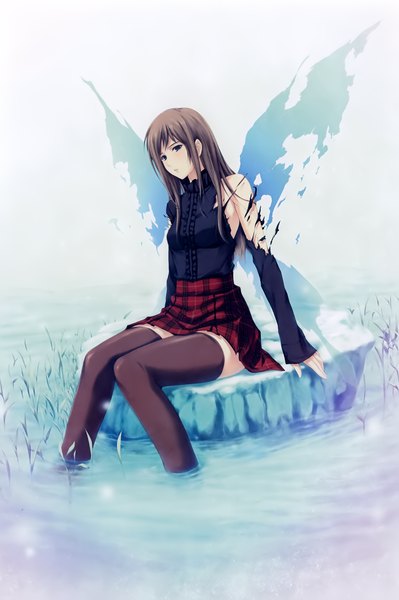 Anime picture 2659x4000 with pianissimo shirakawa ayane sugina miki single long hair tall image blush highres blue eyes brown hair sitting bent knee (knees) pleated skirt scan official art torn clothes plaid skirt insect wings soaking feet knees together feet apart