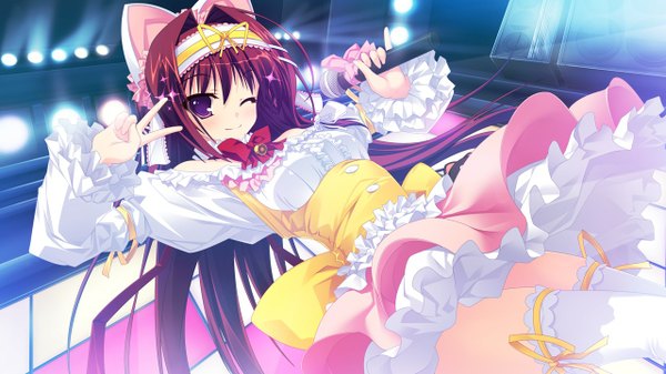 Anime picture 1280x720 with kimi wo aogi otome wa hime ni washio rin long hair wide image purple eyes game cg red hair girl thighhighs dress white thighhighs microphone