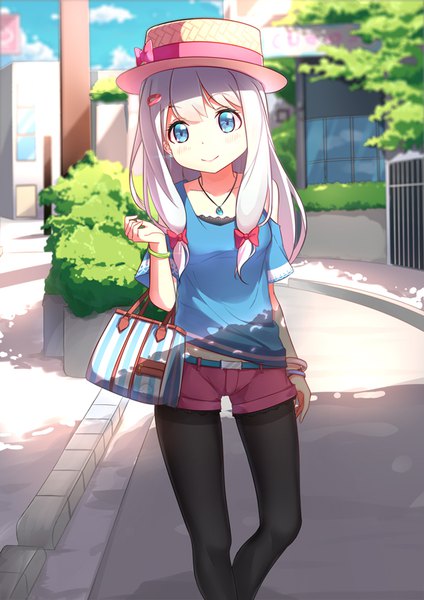 Anime picture 566x800 with eromanga sensei a-1 pictures izumi sagiri violet (eightonemini) single long hair tall image looking at viewer blue eyes smile standing silver hair outdoors sunlight shadow street girl bow plant (plants) hair bow