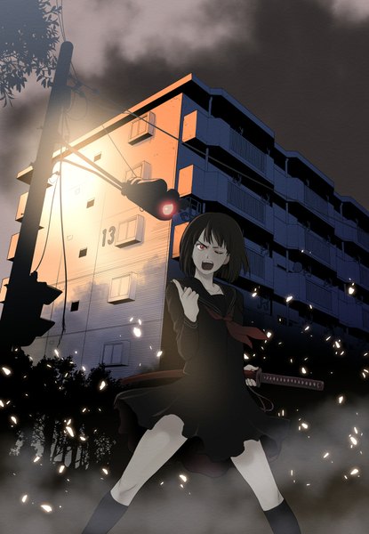 Anime picture 1430x2065 with original kikumaru bunta single tall image looking at viewer short hair open mouth black hair red eyes standing cloud (clouds) pleated skirt one eye closed wink sunlight facial mark screaming girl skirt uniform