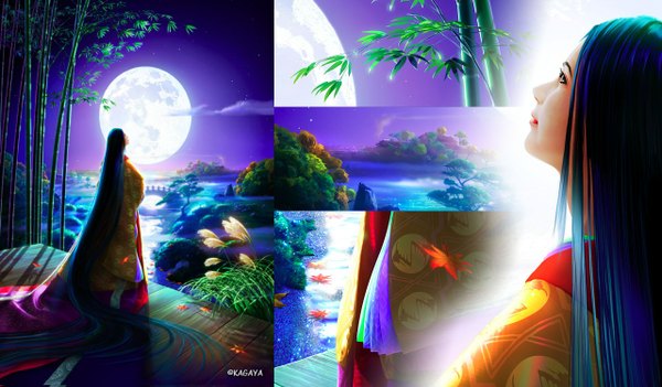 Anime picture 1280x750 with original long hair blue eyes wide image blue hair very long hair lips night multiview girl plant (plants) leaf (leaves) moon grass yukata bamboo
