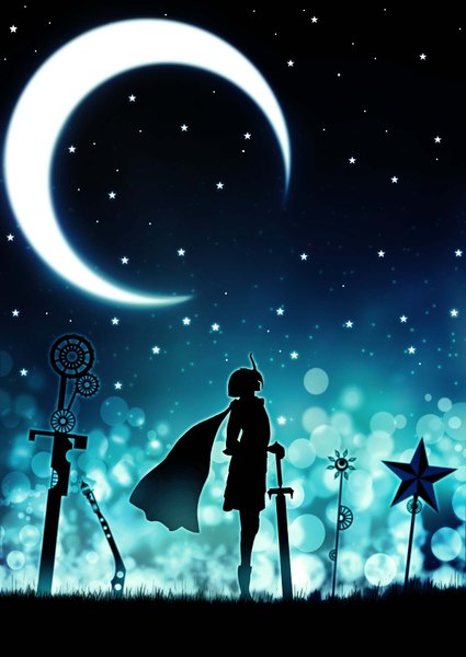Anime picture 2508x3541 with harada miyuki single tall image highres standing profile arched back crescent silhouette weapon plant (plants) sword moon star (stars) cape grass helmet