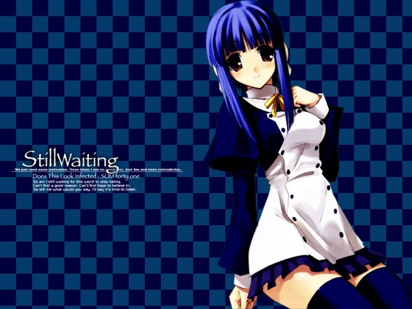 Anime picture 1280x960 with to heart 2 leaf (studio) ilfa looking at viewer blue hair pleated skirt zettai ryouiki hand on chest thighhighs skirt