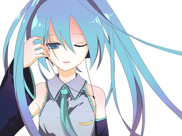 Anime picture 1200x900 with vocaloid hatsune miku single long hair white background twintails bare shoulders upper body one eye closed aqua eyes wink aqua hair vector girl detached sleeves necktie headphones wire (wires)