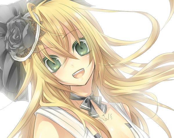 Anime picture 1024x819 with blazblue noel vermillion long hair looking at viewer blush open mouth blonde hair simple background smile white background green eyes ahoge hair flower tattoo girl hair ornament bow