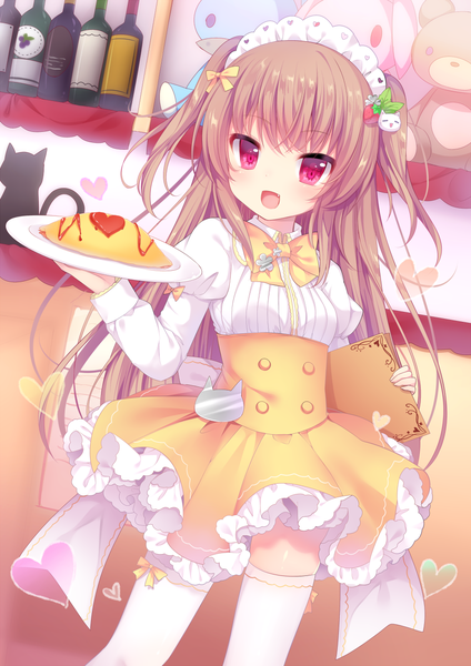 Anime picture 900x1273 with original nachi single long hair tall image looking at viewer blush open mouth red eyes brown hair holding maid zettai ryouiki girl thighhighs dress uniform white thighhighs food headdress
