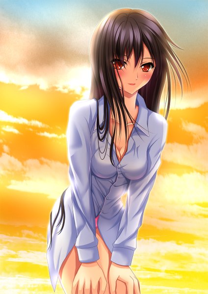 Anime picture 919x1300 with accel world sunrise (studio) kuroyukihime toshi (1-147) single long hair tall image looking at viewer blush light erotic black hair red eyes sky cloud (clouds) girl shirt