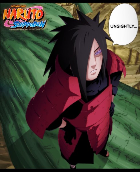 Anime picture 1130x1386 with naruto studio pierrot naruto (series) uchiha madara tremblax single long hair tall image fringe black hair purple eyes from above hair over one eye inscription coloring letterboxed looking up hands on hips rinnegan boy