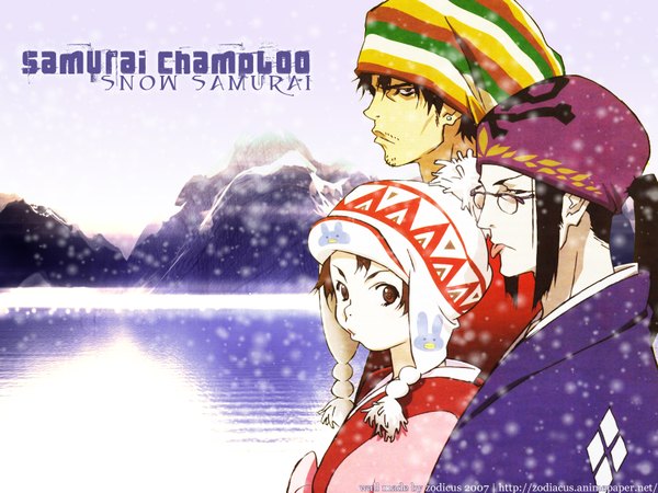 Anime picture 1600x1200 with samurai champloo mugen (samurai champloo) jinnosuke fuu (samurai champloo) snowing winter snow hat glasses