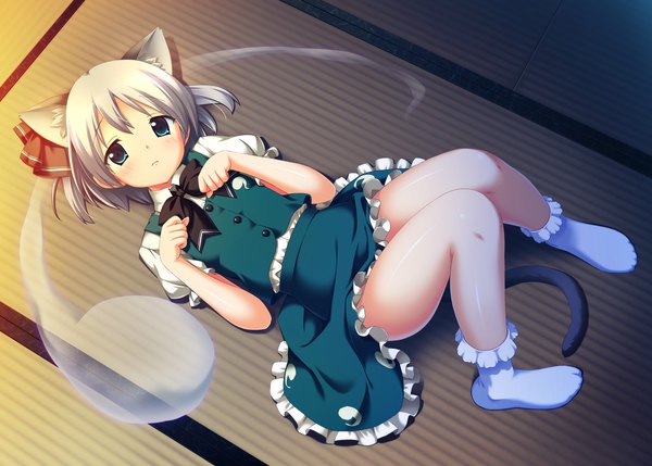 Anime picture 2000x1430 with touhou konpaku youmu myon kani biimu amanokobako single looking at viewer fringe highres short hair blue eyes animal ears full body white hair tail lying animal tail cat ears short sleeves cat girl