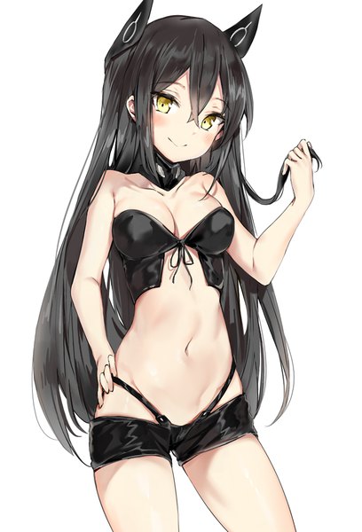 Anime picture 850x1250 with girls frontline judge (girls frontline) silver (chenwen) single long hair tall image looking at viewer blush breasts light erotic black hair smile large breasts standing yellow eyes head tilt arm up midriff hand on hip tsurime