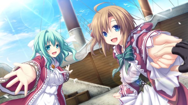 Anime picture 1280x720 with tenbin no la dea eushully short hair open mouth blue eyes brown hair wide image multiple girls blue hair game cg girl dress bow 2 girls hair bow