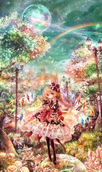 Anime picture 1000x1686 with touhou flandre scarlet torino aqua single tall image short hair blonde hair red eyes full body alternate costume girl dress flower (flowers) bow plant (plants) hair bow petals pantyhose wings tree (trees)
