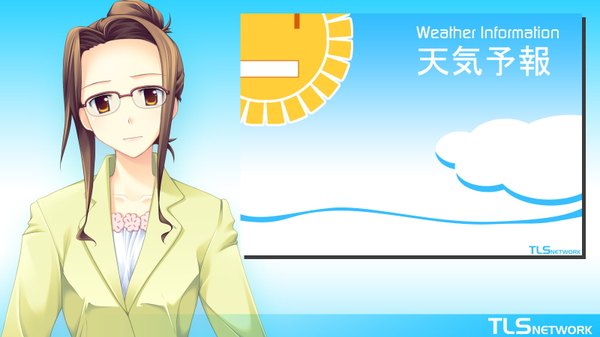 Anime picture 1600x900 with volume7 rococoworks hama asami fue (tsuzuku) single long hair looking at viewer brown hair wide image brown eyes upper body hair bun (hair buns) girl glasses