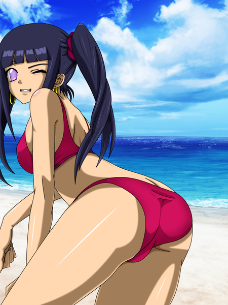 Anime picture 1600x2133 with naruto studio pierrot naruto (series) hyuuga hinata flowerinhell single long hair tall image looking at viewer breasts light erotic smile large breasts purple eyes twintails blue hair sky cloud (clouds) beach grin