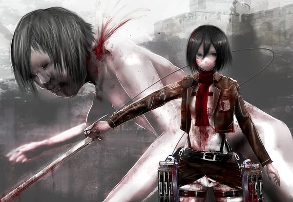 Anime picture 1158x800 with shingeki no kyojin production i.g mikasa ackerman titan (shingeki no kyojin) yuyu (fox0904) short hair open mouth black hair holding black eyes open clothes open jacket dual wielding giant girl weapon sword belt scarf thigh strap