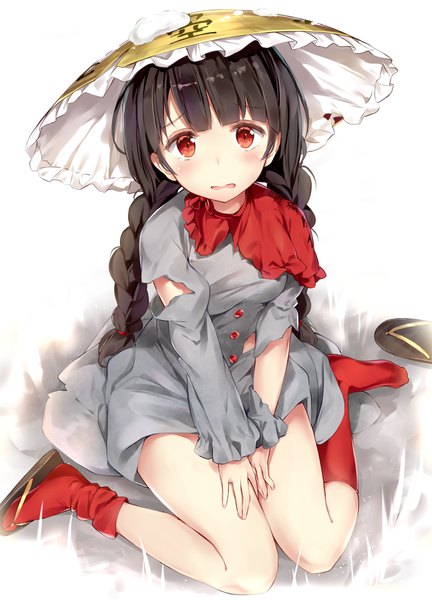 Anime picture 803x1115 with touhou yatadera narumi izuru single long hair tall image looking at viewer blush fringe open mouth black hair simple background red eyes white background sitting full body blunt bangs braid (braids) long sleeves traditional clothes
