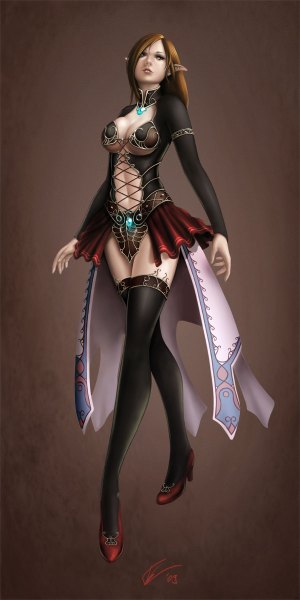 Anime picture 600x1200 with evilflesh (artist) single long hair tall image light erotic brown hair pointy ears black eyes realistic girl thighhighs dress navel black thighhighs