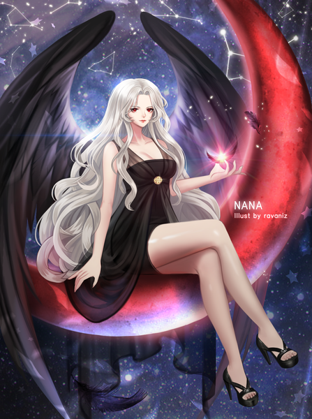 Anime picture 2000x2682 with original ravaniz single tall image highres red eyes sitting white hair very long hair girl dress wings black dress feather (feathers)