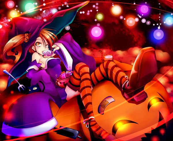 Anime picture 1300x1060 with idolmaster futami mami natsu (anta tte hitoha) yellow eyes orange hair halloween witch girl thighhighs bandage (bandages) witch hat striped thighhighs candy fork