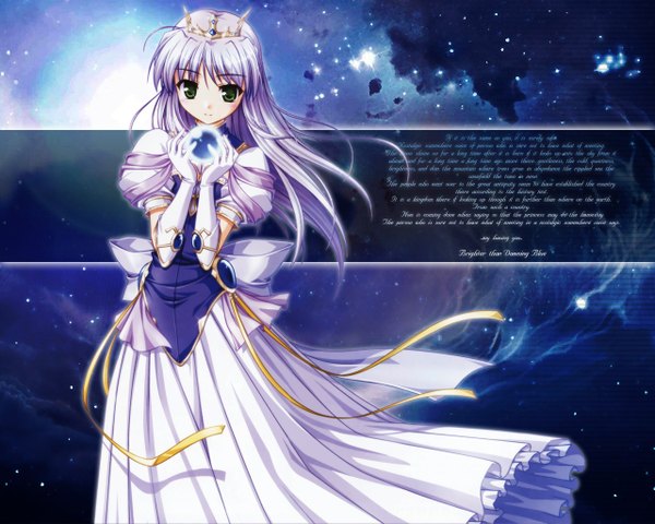 Anime picture 1280x1024 with yoake mae yori ruri iro na august soft feena fam earthlight single long hair looking at viewer fringe breasts simple background standing green eyes cleavage purple hair ahoge short sleeves wallpaper puffy sleeves girl dress gloves