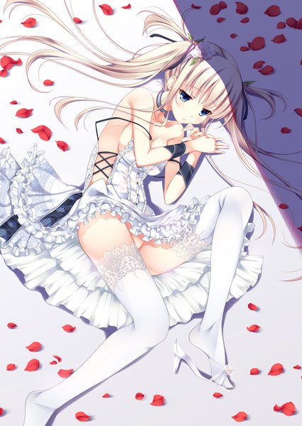 Anime picture 1254x1771 with yanagi yuu yanagiyuu single long hair tall image light erotic blonde hair twintails bare shoulders cleavage lying hair flower girl thighhighs dress hair ornament petals white thighhighs