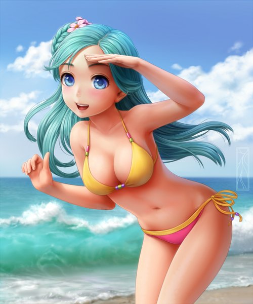 Anime picture 1200x1440 with original kotikomori single long hair tall image blush open mouth blue eyes light erotic smile signed sky cloud (clouds) braid (braids) hair flower aqua hair midriff leaning leaning forward girl