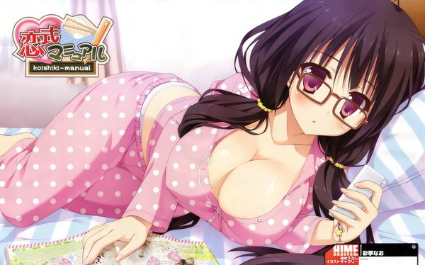 Anime picture 4000x2498 with koishiki manual dengeki hime hikage honoka saeki nao single long hair looking at viewer blush highres breasts light erotic black hair red eyes wide image large breasts absurdres scan official art girl glasses