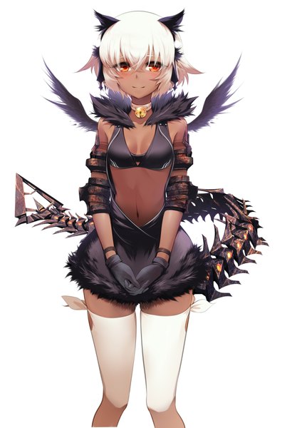Anime picture 2894x4093 with black rock shooter strength (black rock shooter) mdastarou single tall image looking at viewer blush highres short hair simple background standing white background white hair tail light smile bare belly orange eyes fur trim dark skin black wings
