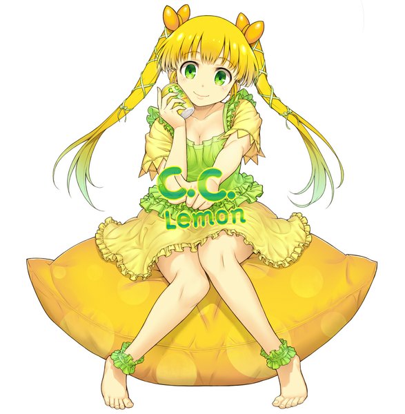Anime picture 978x1000 with original c.c. lemon c.c. lemon (character) komase (jkp423) single long hair tall image looking at viewer blush fringe simple background blonde hair smile white background sitting twintails green eyes multicolored hair barefoot outstretched arm