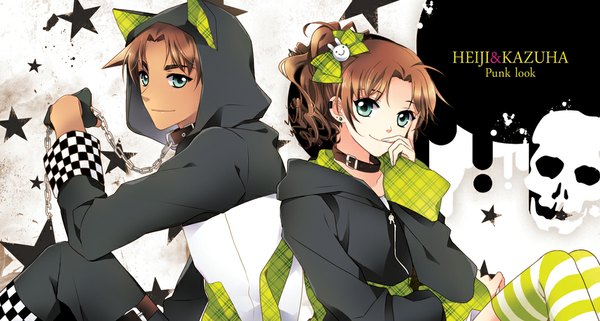 Anime picture 1053x565 with detective conan hattori heiji kazuha toyama mca (dessert candy) short hair smile brown hair wide image green eyes animal ears girl thighhighs boy hair ornament fingerless gloves hood chain collar striped thighhighs