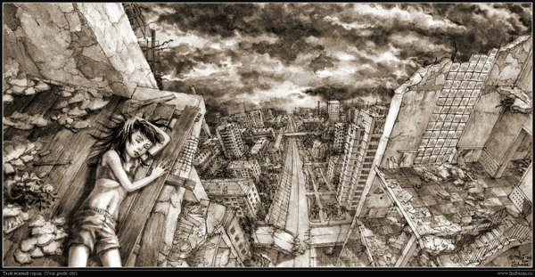 Anime picture 1600x830 with limfoman wide image cloud (clouds) city monochrome sleeping ruins panorama building (buildings) road