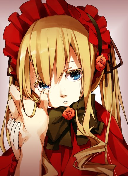 Anime picture 1000x1371 with rozen maiden shinku kiyu (artist) single long hair tall image looking at viewer blue eyes simple background blonde hair twintails tears drill hair hand on face girl hat hand