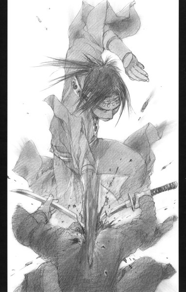 Anime picture 3961x6197 with blade of the immortal samura hiroaki tall image highres short hair black hair absurdres traditional clothes japanese clothes monochrome boy weapon sword hairband katana