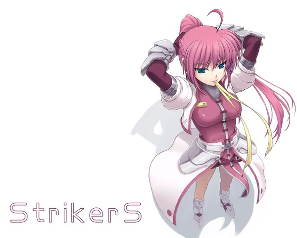 Anime picture 1280x1024 with mahou shoujo lyrical nanoha strikers signum nakayama yukiji single long hair blue eyes simple background standing white background holding pink hair full body ahoge ponytail from above inscription shadow mouth hold third-party edit ribbon in mouth