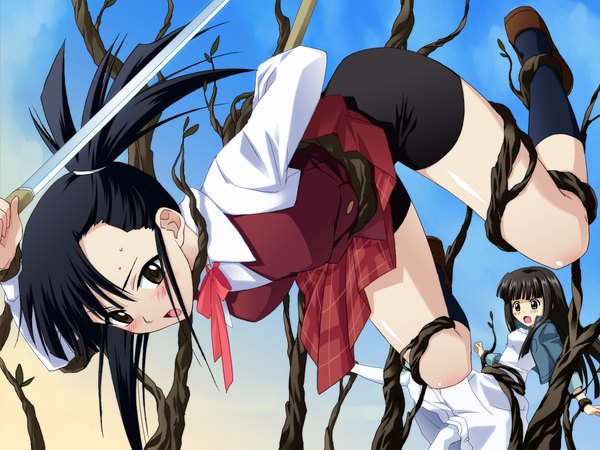 Anime picture 1600x1200 with mahou sensei negima! konoe konoka sakurazaki setsuna saipaco long hair blush light erotic black hair brown eyes side ponytail plaid skirt bondage plaid surprised bdsm dress skirt uniform bow weapon