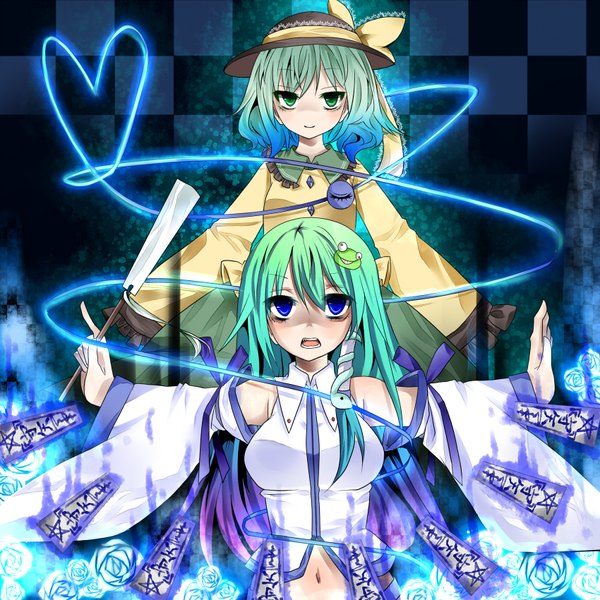 Anime picture 1700x1700 with touhou kochiya sanae komeiji koishi our turf long hair highres short hair blue eyes multiple girls green eyes green hair girl 2 girls hat detached sleeves rose (roses) hair tubes snake frog