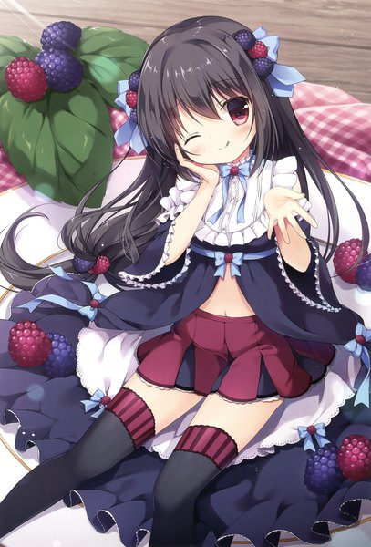 Anime picture 2373x3500 with original melonbooks blackberry-chan miyasaka miyu single long hair tall image looking at viewer fringe highres black hair hair between eyes red eyes sitting head tilt one eye closed scan bare belly zettai ryouiki low ponytail