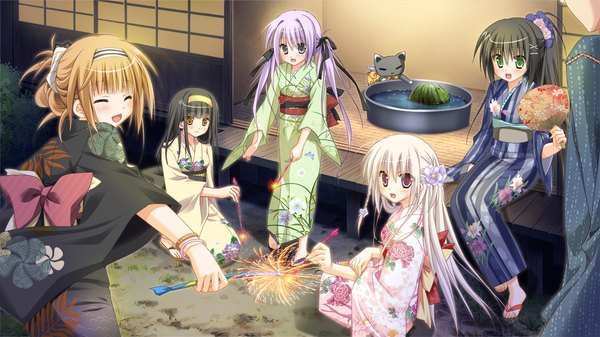 Anime picture 1280x720 with 1/2 summer kaminogi ushio kuonji sora utashiro kanami oshisaka tsugumi kusanagi kazuha sesena yau long hair blush open mouth black hair blonde hair red eyes brown hair wide image multiple girls brown eyes green eyes game cg purple hair