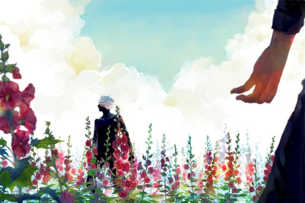 Anime picture 1400x931 with naruto studio pierrot naruto (series) hatake kakashi umino iruka lotus temple short hair sky cloud (clouds) white hair long sleeves profile multiple boys solo focus boy gloves flower (flowers) fingerless gloves 2 boys mask