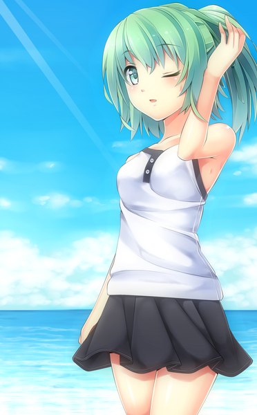 Anime picture 1800x2900 with yu-gi-oh! wynn komimiyako single tall image blush highres short hair green eyes cloud (clouds) ponytail one eye closed green hair wink girl skirt miniskirt sea