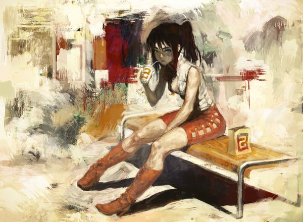 Anime picture 2556x1878 with original arata yokoyama single highres blue eyes brown hair sitting bare shoulders ponytail high heels traditional media drinking unzipped abstract girl boots bag bench disposable cup paper bag